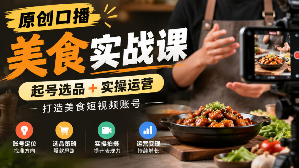 原创口播美食实战课,起号选品+实操运营,打造美食短视频账号-777网创网