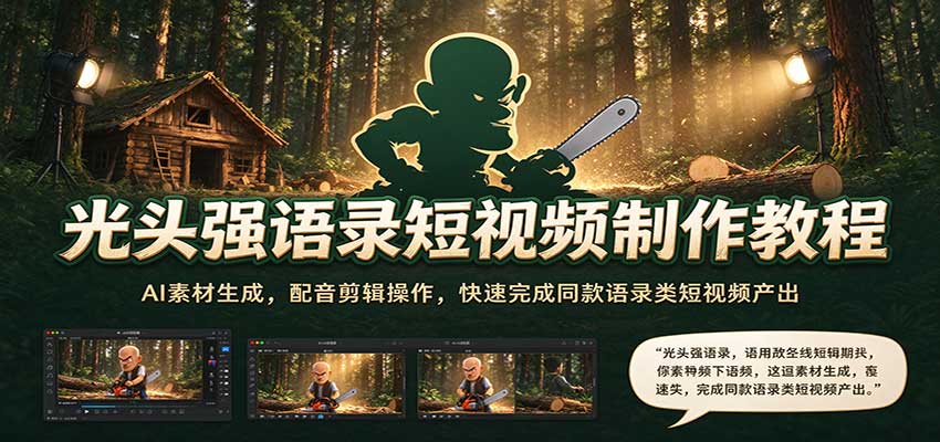 光头强语录短视频制作教程:AI素材生成,配音剪辑操作,快速完成同款语录类短视频产出-777网创网