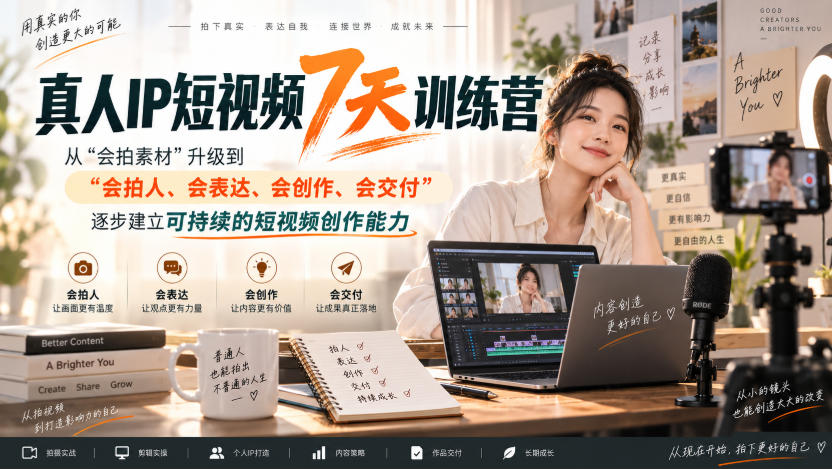 真人IP短视频7天训练营，从“会拍素材”升级到“会拍人、会表达、会创作、会交付”，逐步建立可持续的短视频创作能力-777网创网