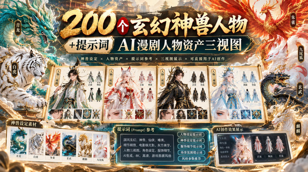 200个玄幻神兽人物+提示词ai漫剧人物资产三视图-777网创网