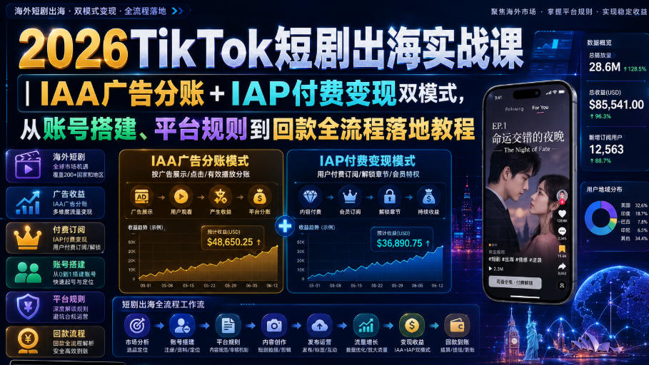2026TikTok短剧出海实战课｜IAA广告分账+IAP付费变现双模式，从账号搭建、平台规则到回款全流程落地教程-777网创网