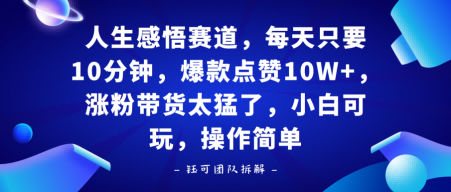 人生感悟赛道，每天只要十分钟，爆款点赞10W+，涨粉带货太猛了，小白可玩，操作简单-777网创网