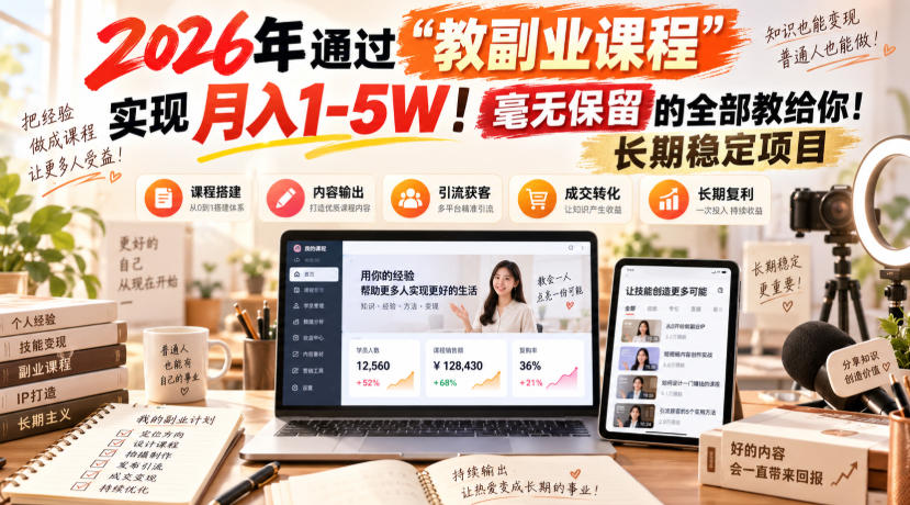 2026年通过“教副业”实现月入1-5W！毫无保留的全部教给你！长期稳定项目-777网创网