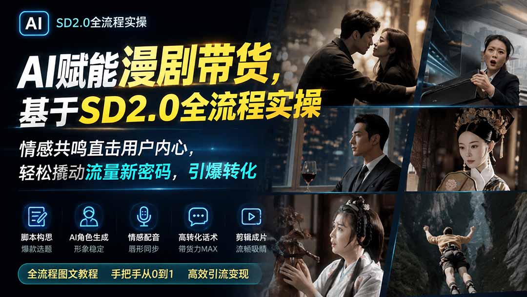 AI赋能漫剧带货，基于SD2.0全流程实操；情感共鸣直击用户内心，轻松撬动流量新密码，引爆转化-777网创网