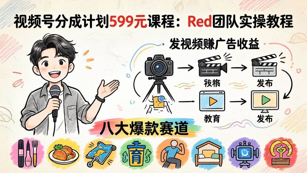 (18088期)视频号分成计划599元课程:Red团队实操教程,发视频赚广告收益,八大爆款赛道全掌握-777网创网