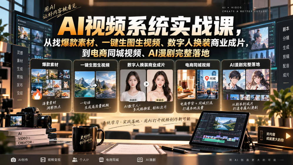 AI视频系统实战课，从找爆款素材、一键生图生视频、数字人换装商业成片，到电商同城视频、AI漫剧完整落地-777网创网