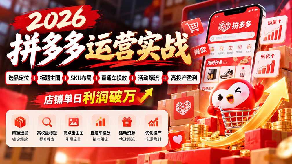 (20778期)2026拼多多运营实战-更新1002:选品定位+标题主图+SKU布局+直通车投放+活动爆流+高投产盈利 店铺单日利润破万-777网创网