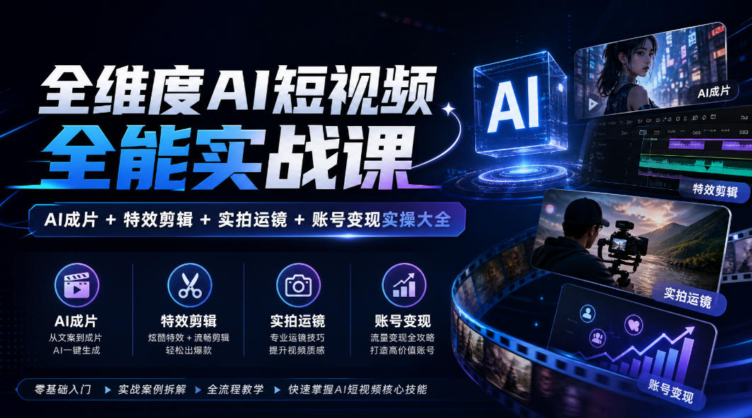 全维度AI短视频全能实战课,AI成片+特效剪辑+实拍运镜+账号变现实操大全-777网创网
