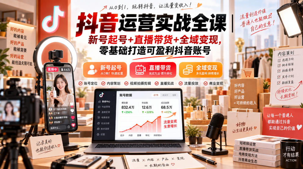 抖音运营实战全课｜新号起号+直播带货+全域变现，零基础打造可盈利抖音账号-777网创网