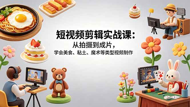 (18375期)短视频剪辑实战课:从拍摄到成片,学会美食、粘土、魔术等类型视频制作-777网创网