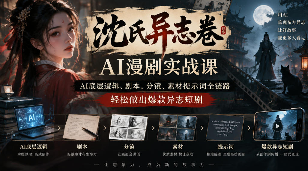 沈氏异志卷AI漫剧实战课|AI底层逻辑、剧本、分镜、素材提示词全链路,轻松做出爆款异志短剧-777网创网