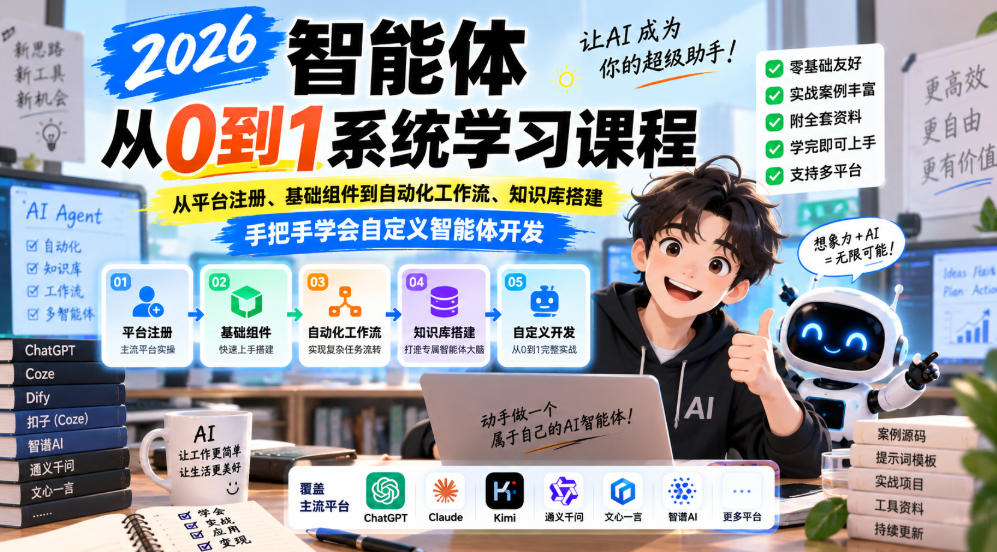2026智能体从0到1系统学习课程，从平台注册、基础组件到自动化工作流、知识库搭建，手把手学会自定义智能体开发-777网创网