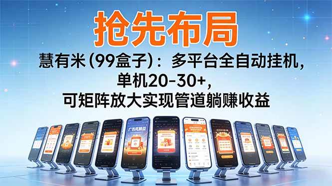 (16757期)【抢先布局】慧有米(99盒子):多平台全自动挂机,单机20-30+,可矩阵放大实现管道躺赚收益-777网创网