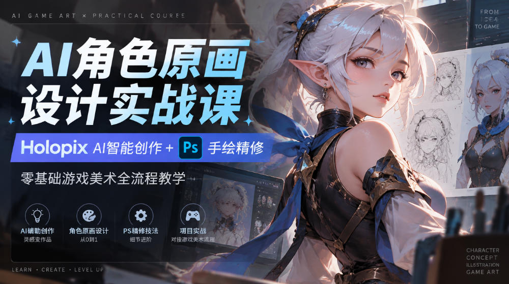 AI角色原画设计实战课|Holopix AI智能创作+PS手绘精修,零基础游戏美术全流程教学-777网创网