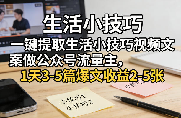 一键提取生活小技巧视频文案做公众号流量主,1天3-5篇爆文收益2-5张-777网创网