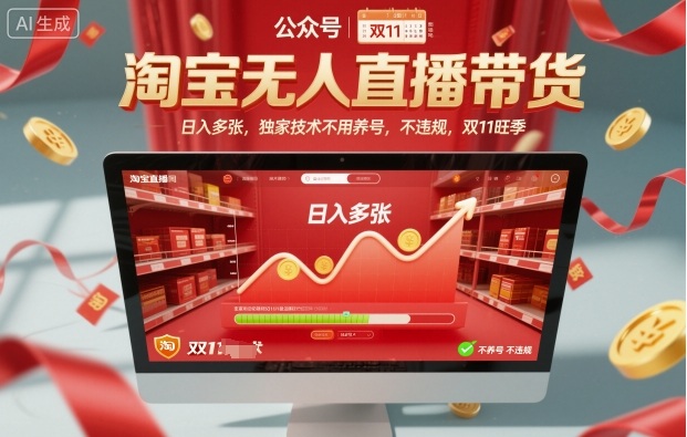 淘宝无人直播带货,日入多张,独家技术不用养号,不违规,双11旺季