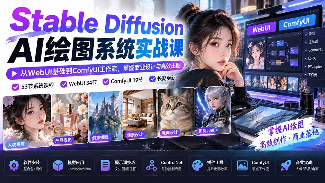 (20678期)Stable Diffusion AI绘图系统实战课:从WebUI基础到ComfyUI工作流,掌握商业设计与高效出图-777网创网
