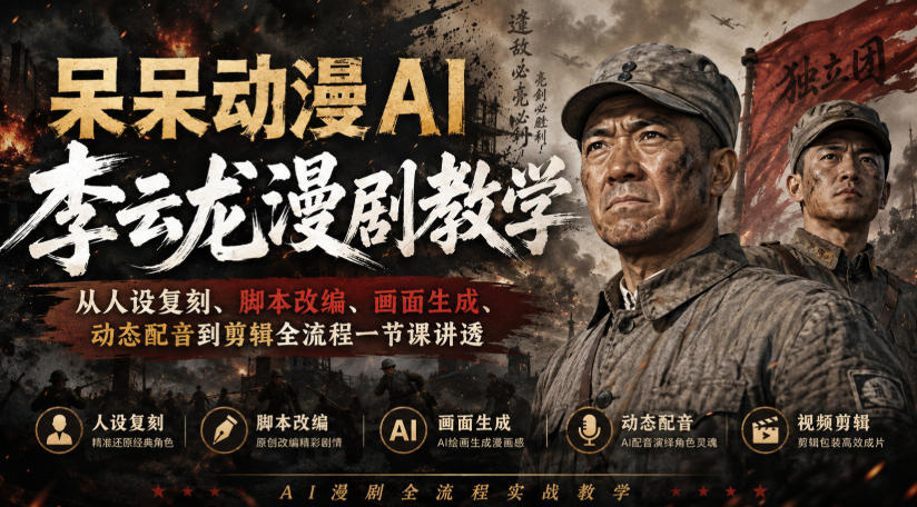 呆呆动漫AI李云龙漫剧教学，从人设复刻、脚本改编、画面生成、动态配音到剪辑全流程一节课讲透-777网创网