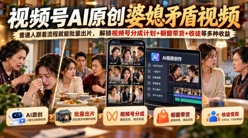 视频号ai原创婆媳矛盾视频，普通人跟着流程就能批量出片，解锁视频号分成计划+橱窗带货+收徒等多种收益