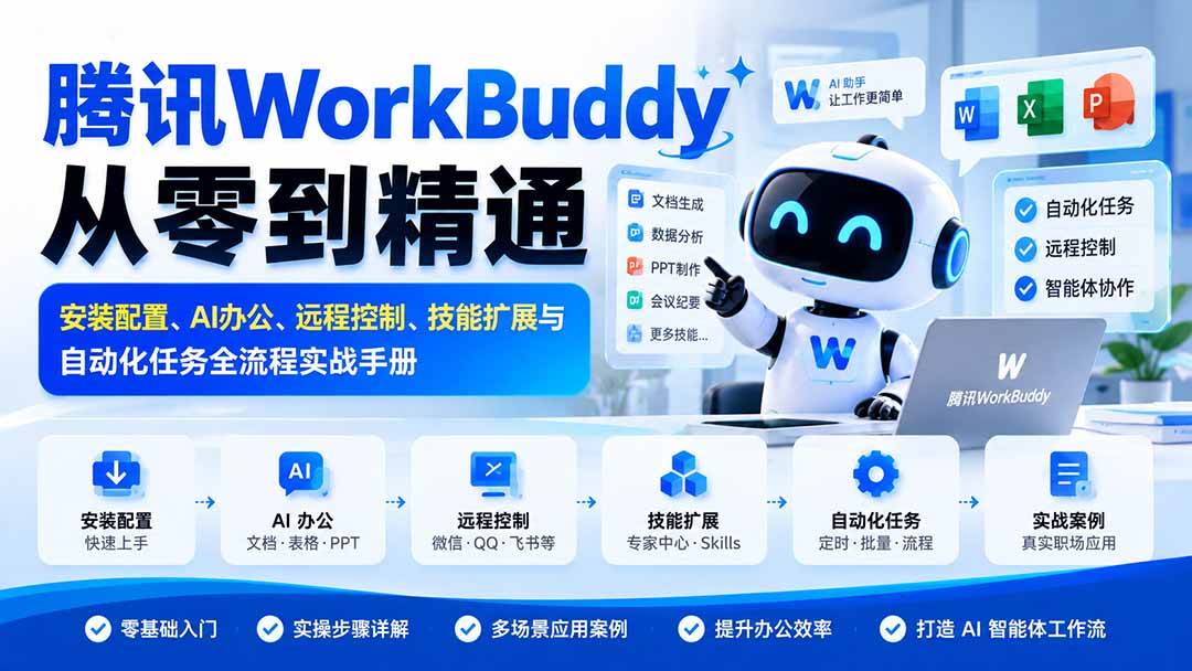 (20977期)腾讯WorkBuddy从零到精通:安装配置、AI办公、远程控制、技能扩展与自动化任务全流程实战手册 (20977期)腾讯WorkBuddy从零到精通:安装配置、AI办公、远程控制、技能扩展与自动化任务全流程实战手册