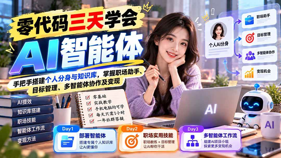 (20978期)【无水印】零代码三天学会AI智能体:手把手搭建个人分身与知识库,掌握职场助手、目标管理、多智能体协作及变现-777网创网