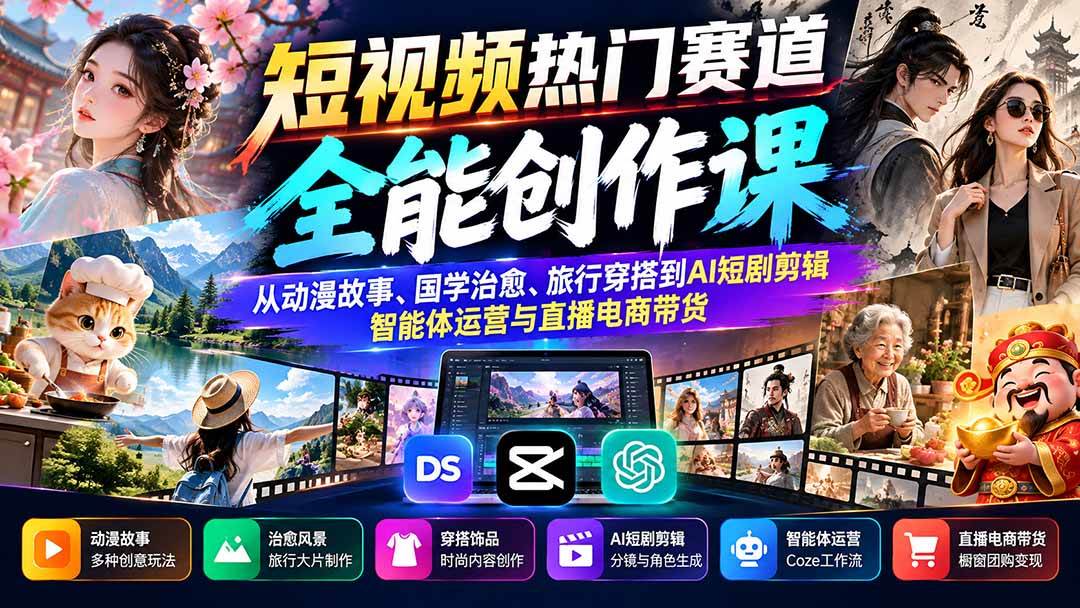 (20956期)短视频热门赛道全能创作课:从动漫故事、国学治愈、旅行穿搭到AI短剧剪辑、智能体运营与直播电商带货-777网创网