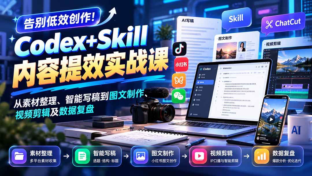 (20915期)【无水印】告别低效创作!Codex+Skill内容提效实战课:从素材整理、智能写稿到图文制作、视频剪辑及数据复盘-777网创网