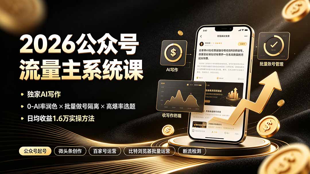 2026公众号流量主系统课：独家AI写作×0-AI率润色×批量做号隔离×高爆率选题，日均收益1.6万实操方法-777网创网