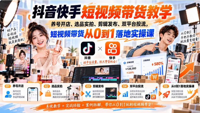 抖音快手短视频带货教学｜养号开店、选品实拍、剪辑发布、双平台投流，短视频带货从0到1落地实操课-777网创网