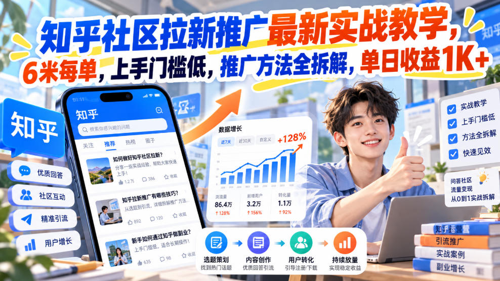 知乎社区拉新推广最新实战教学,6米每单,上手门槛低,推广方法全拆解,单日收益1K+!-777网创网