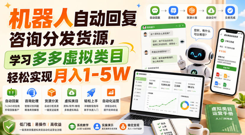 机器人自动回复咨询分发货源，学习多多虚拟类目轻松实现月入1-5W【揭秘】-777网创网
