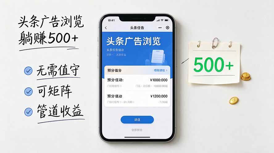 （20835期）头条广告浏览躺赚500+无需值守，可矩阵并附有管道收益-777网创网