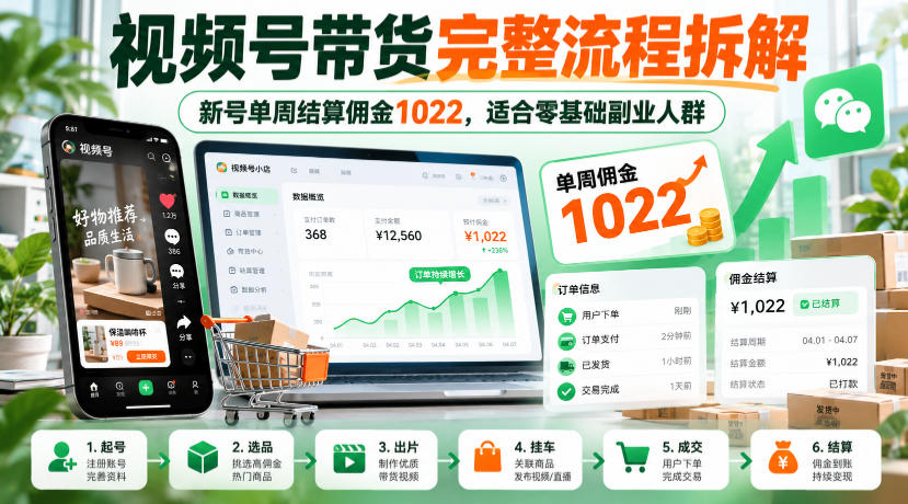 视频号带货完整流程拆解,新号单周结算佣金1022,适合零基础副业人群-777网创网