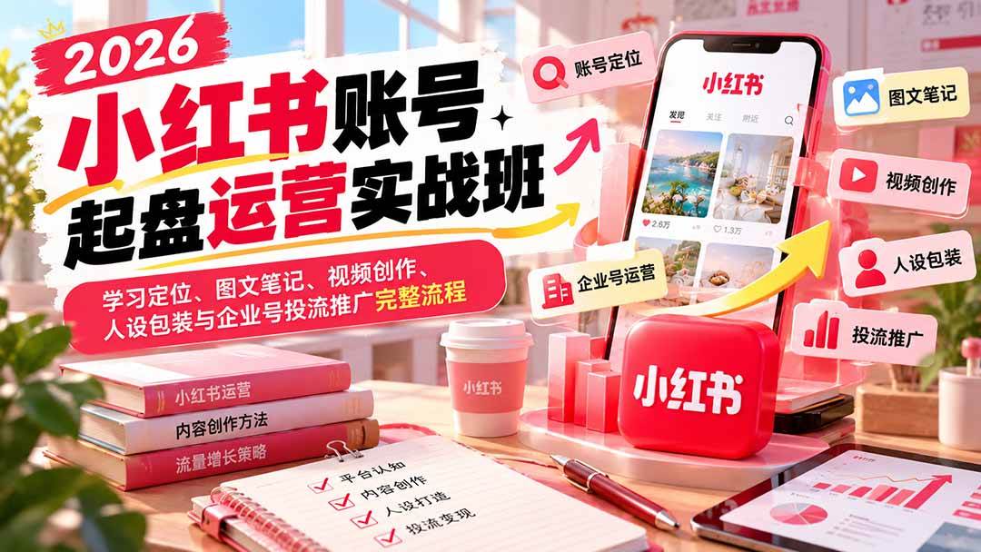 (20647期)2026小红书账号起盘运营实战班:学习定位、图文笔记、视频创作、人设包装与企业号投流推广完整流程-777网创网