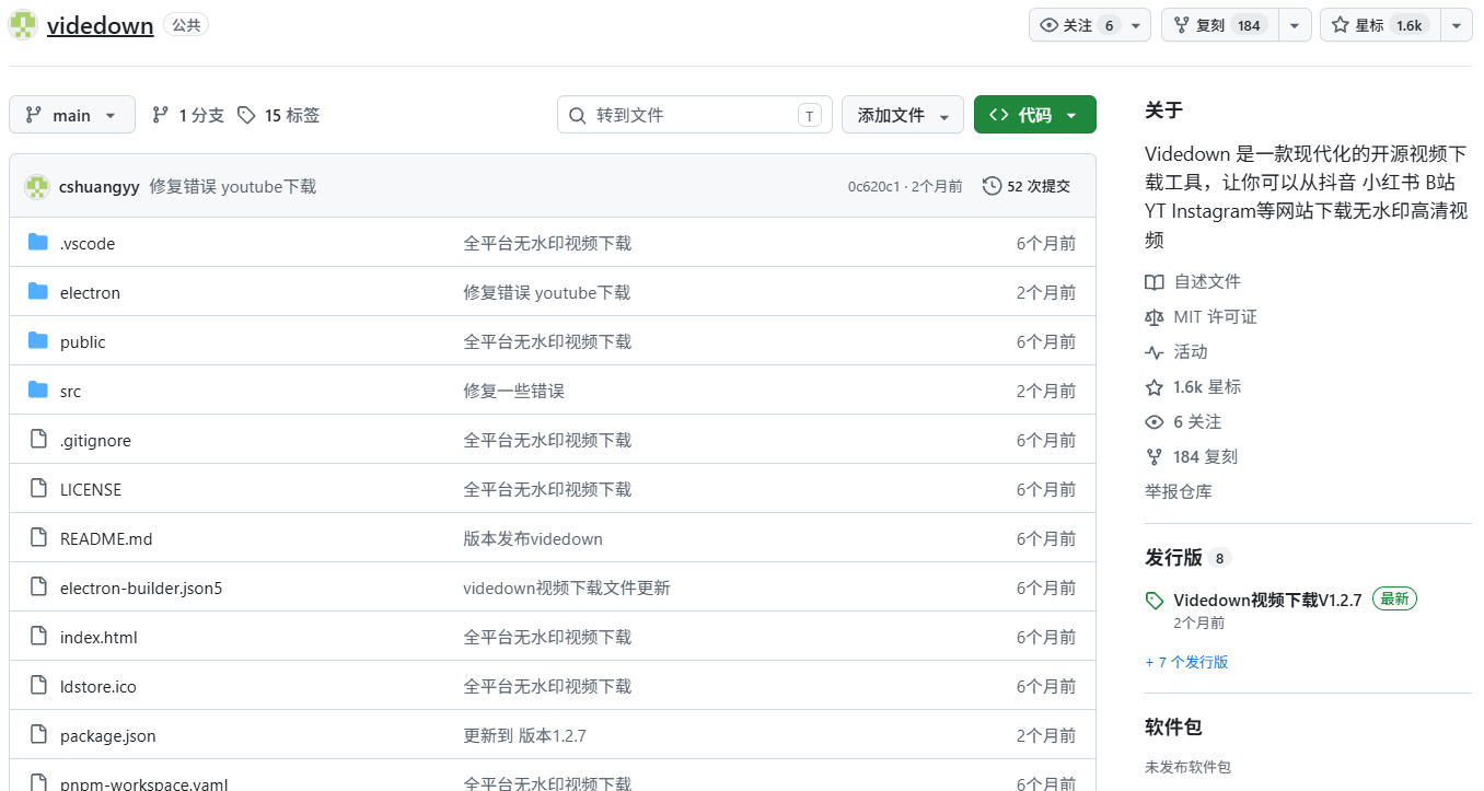 GitHub上1.6k stars开源下载器,界面清爽免费用,小红书某音B站youtube视频一键保存Videdown-777网创网