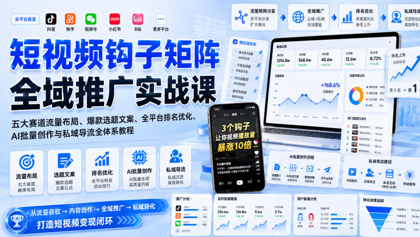 短视频钩子矩阵全域推广实战课｜五大赛道流量布局、爆款选题文案、全平台排名优化、AI批量创作与私域导流全体系教程-777网创网