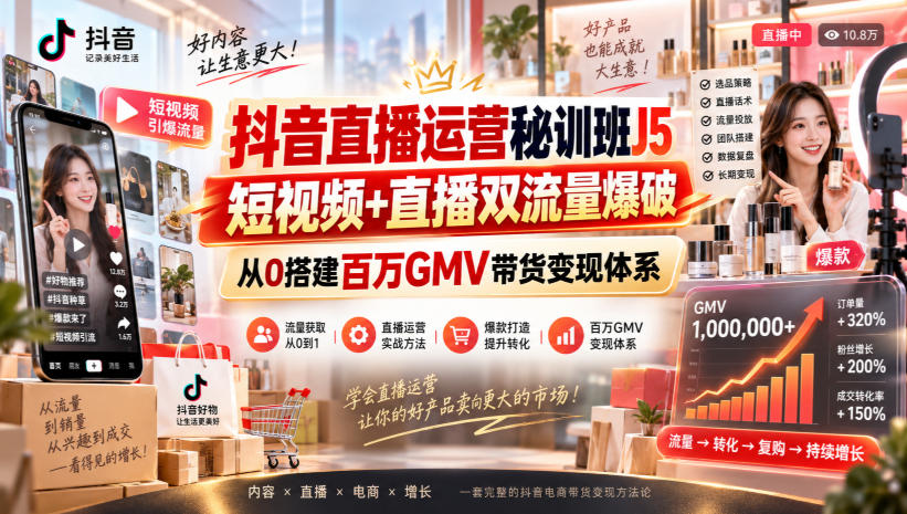 抖音直播运营秘训班J5｜短视频+直播双流量爆破，从0搭建百万GMV带货变现体系-777网创网
