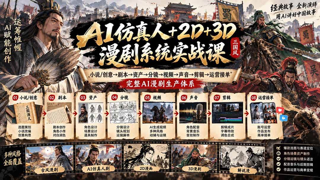 (20685期)AI仿真人+2D+3D漫剧系统实战课:小说/创意→剧本→资产→分镜→视频→声音→剪辑→运营接单,完整AI漫剧生产体系-777网创网