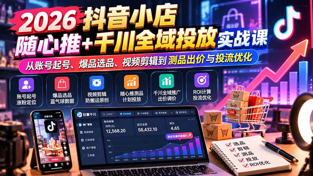 （20998期）2026抖音小店随心推+千川全域投放实战课：从账号起号、爆品选品、视频剪辑到测品出价与投流优化-777网创网