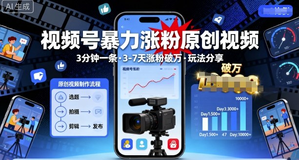 视频号暴力涨粉原创视频，3分钟一条原创视频，3-7天涨粉破万，玩法分享给你-777网创网
