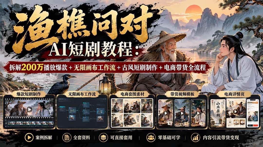 (20772期)【无水印】渔樵问对AI短剧教程:拆解200万播放爆款+无限画布工作流+古风短剧制作+电商带货全流程-777网创网