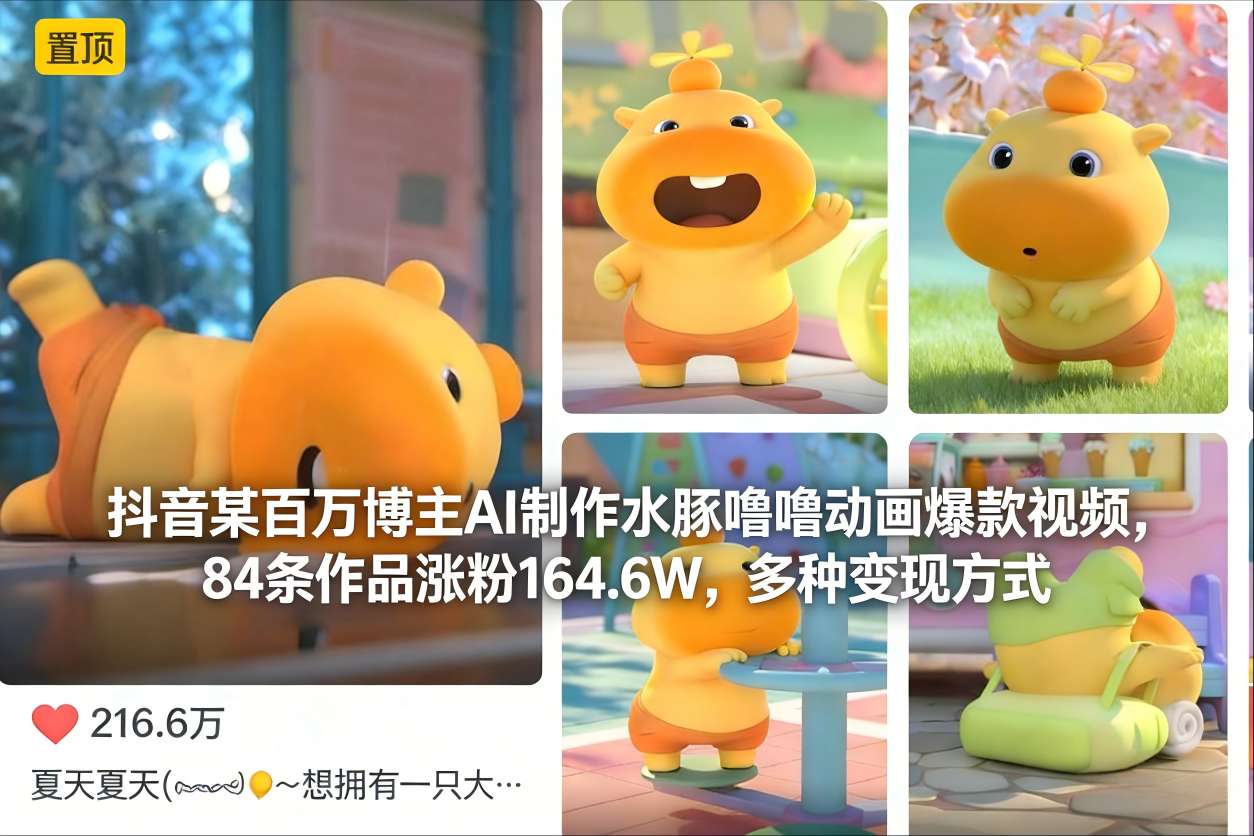 抖音某百万博主AI制作水豚噜噜动画爆款视频，84条作品涨粉164.6W，多种变现方式-777网创网