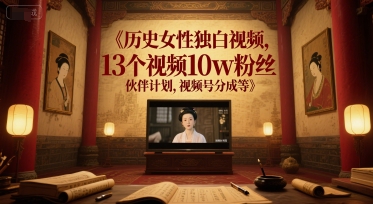 历史女性独白视频，13个视频10w粉丝，伙伴计划，视频号分成等-777网创网