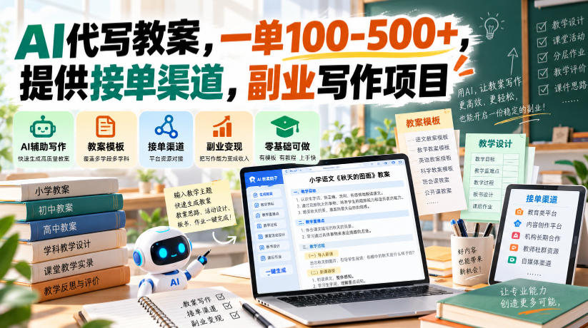 AI代写教案，一单100-500+，提供接单渠道，副业写作项目-777网创网