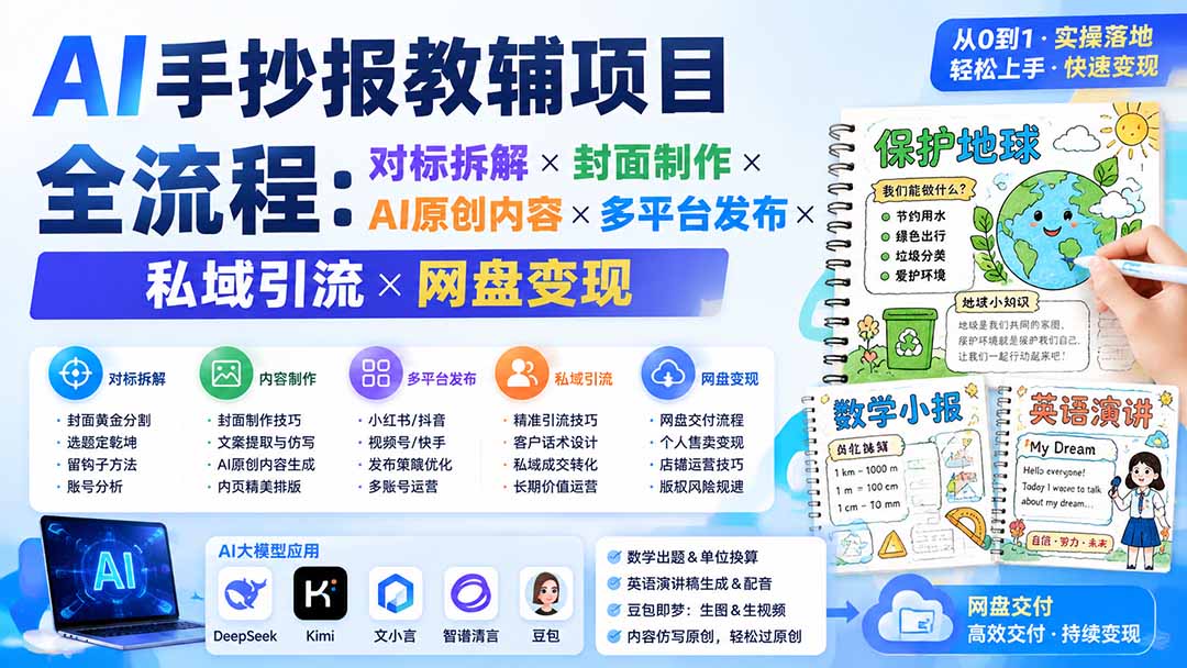 AI手抄报教辅项目全流程:对标拆解×封面制作×AI原创内容×多平台发布×私域引流×网盘变现-777网创网