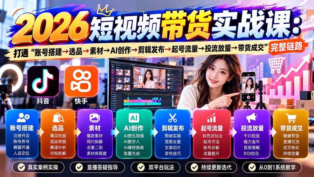 (20731期)2026短视频带货实战课9月:打通“账号搭建→选品→素材→AI创作→剪辑发布→起号流量→投流放量→带货成交”完整链路-777网创网