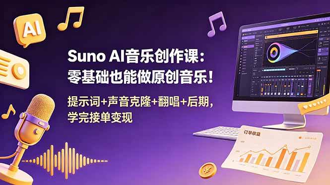 (18945期) Suno AI音乐创作课:零基础也能做原创音乐!提示词+声音克隆+翻唱+后期,学完接单变现-777网创网