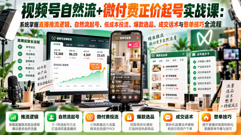 视频号自然流+微付费正价起号实战课:系统掌握直播推流逻辑、自然流起号、低成本投流、爆款选品、成交话术与憋单技巧全流程-777网创网