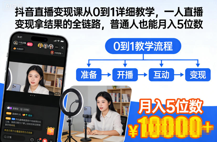 抖音直播变现课从0到1详细教学，一人直播变现拿结果的全链路，普通人也能月入5位数-777网创网