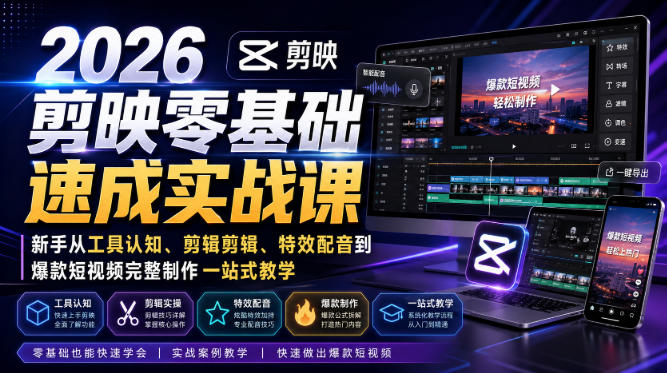 2026剪映零基础速成实战课|新手从工具认知、剪辑剪辑、特效配音到爆款短视频完整制作一站式教学-777网创网